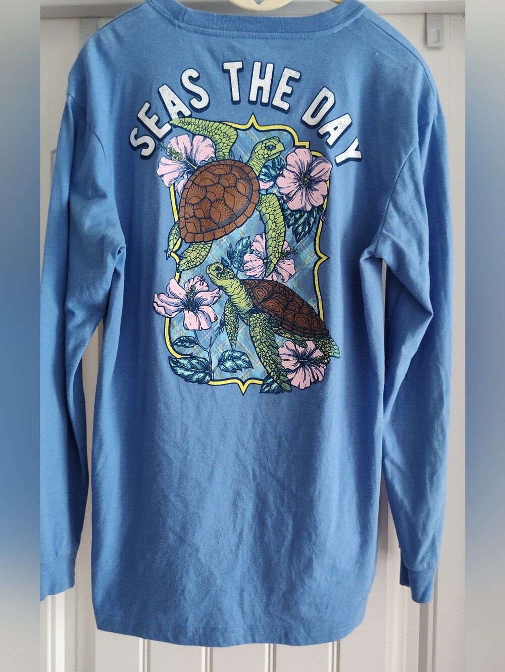 Seas The Day Blue Long Sleeve Tee with Turtles XS